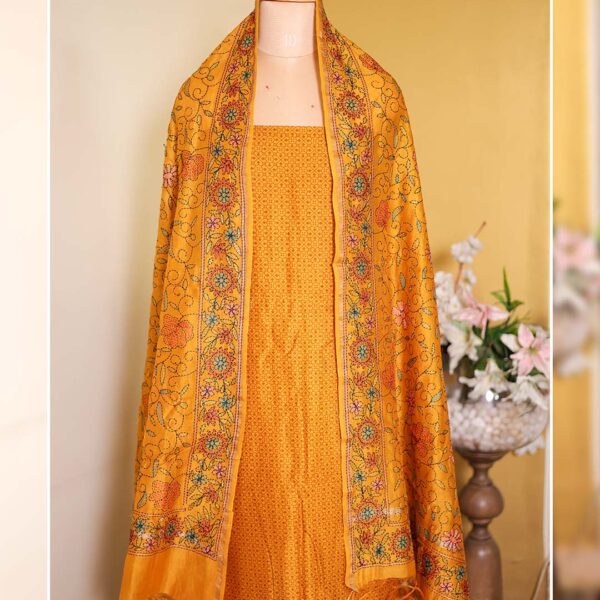 Yellow Maheshwari Silk Block Printed Suit with Kantha Dupatta