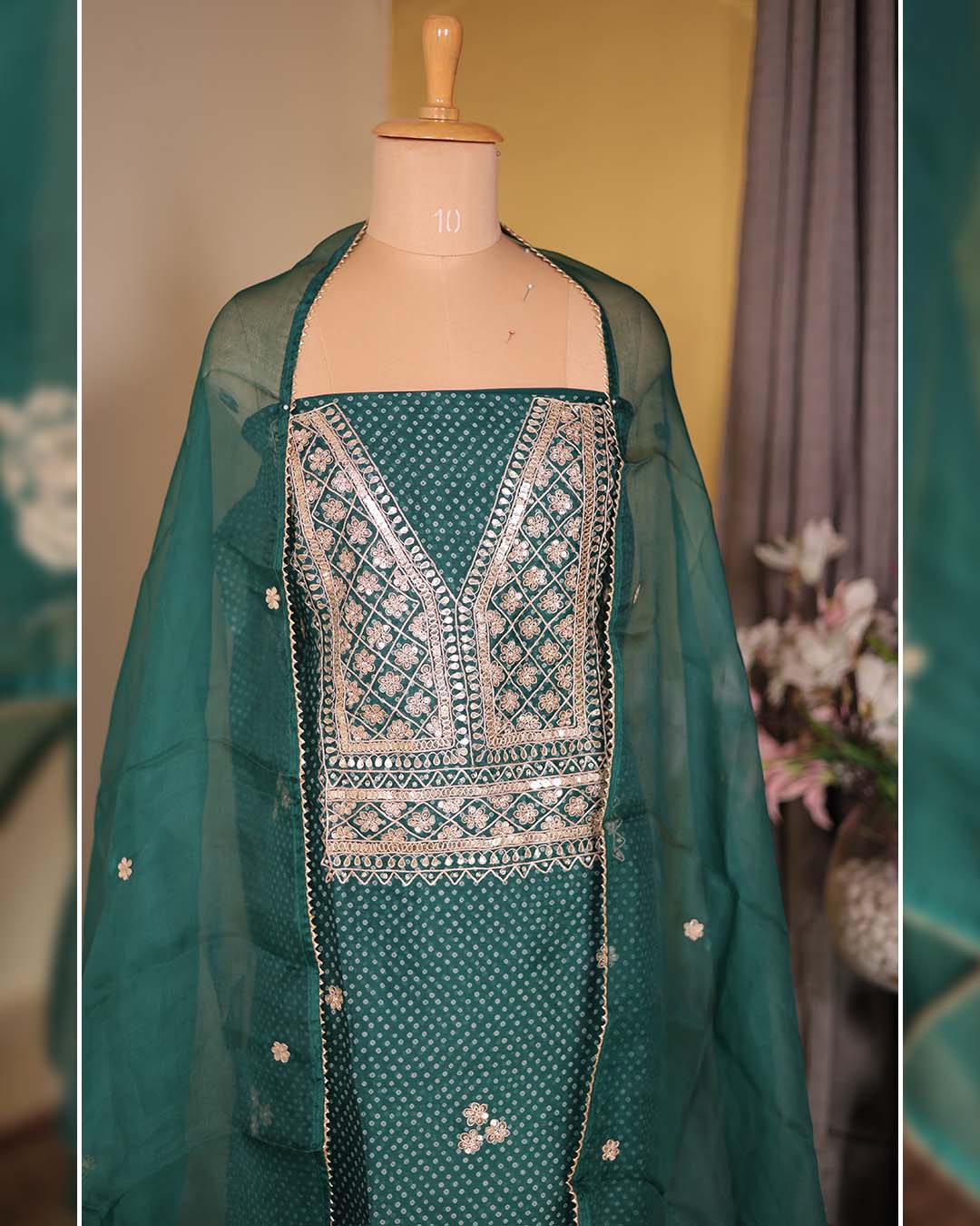 Second image of Green Pure Organza Bandhani with Hand Zardozi & Gota Patti