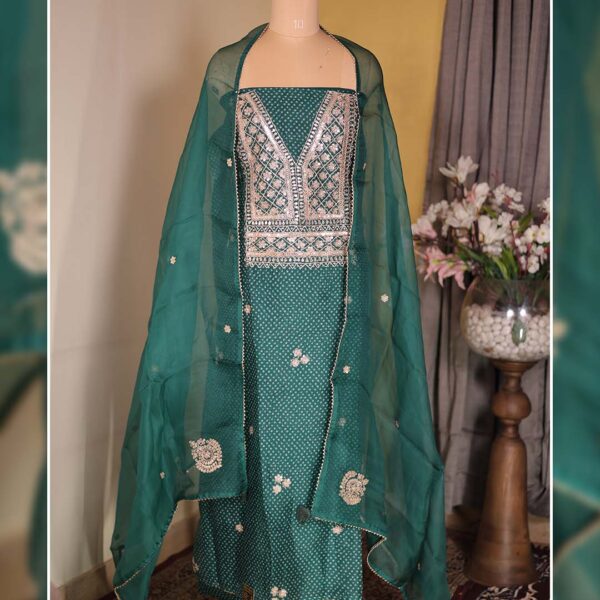 Green Pure Organza Bandhani with Hand Zardozi & Gota Patti