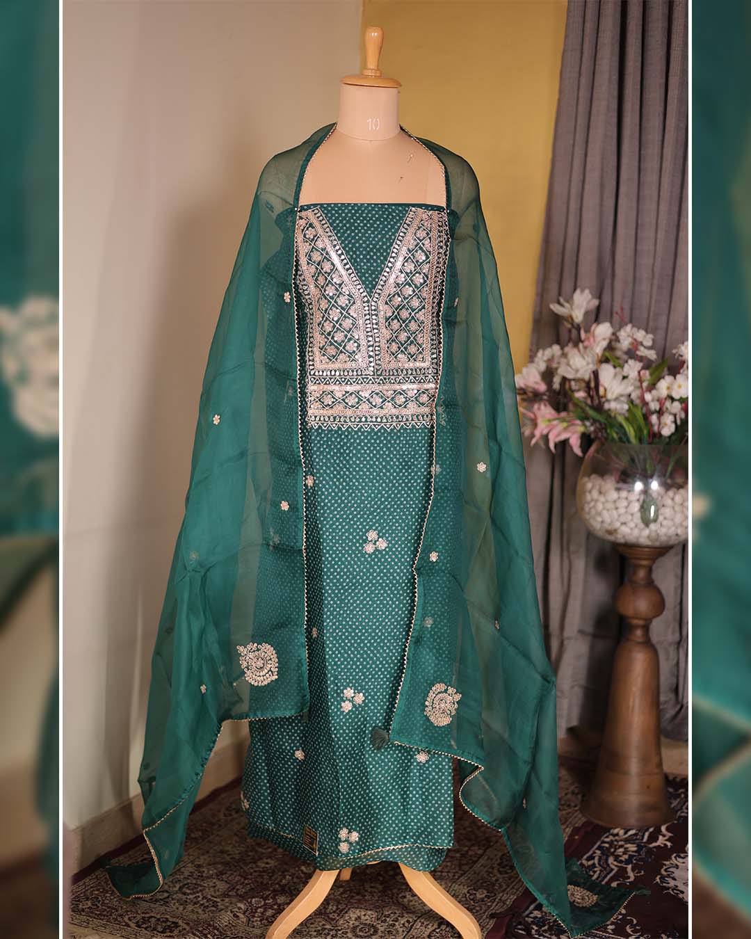 Green Pure Organza Bandhani with Hand Zardozi & Gota Patti