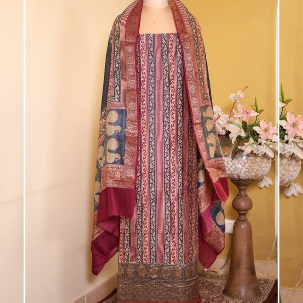 Maheshwari Silk Printed Suit with Banarasi Border – Maroon Base