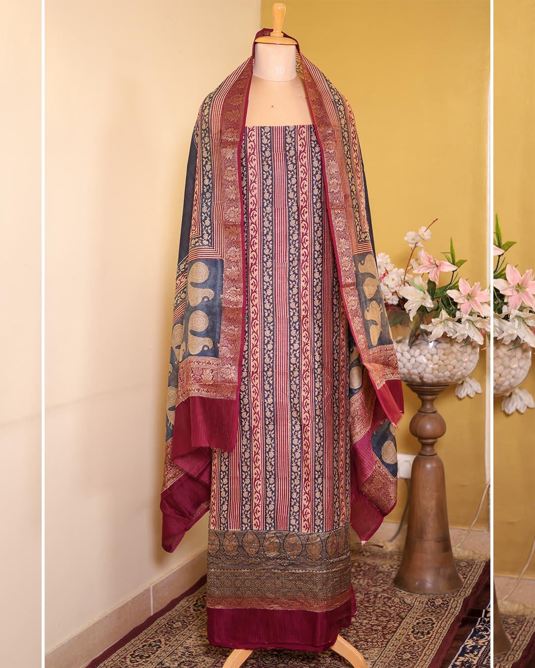 Maheshwari Silk Printed Suit with Banarasi Border – Maroon Base