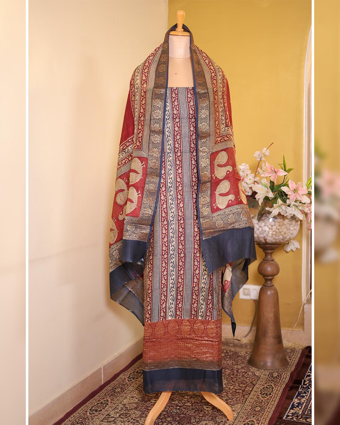 Maheshwari Silk Printed Suit with Banarasi Border – Blue Base
