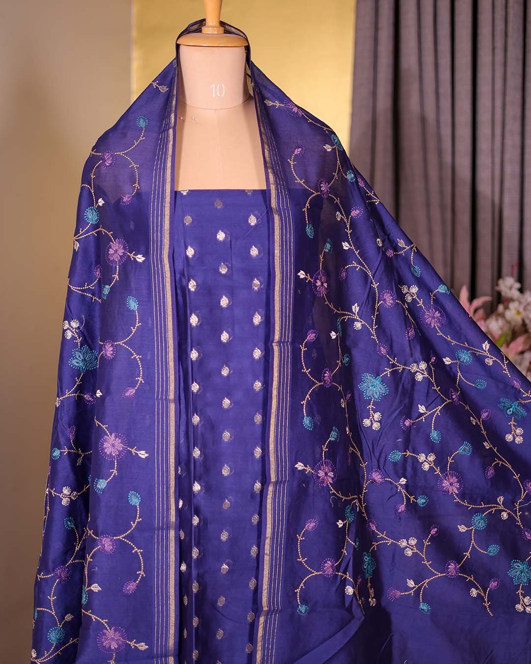 Second image of Blue Maheshwari Silk Suit with Banarasi Booties & Embroidered Dupatta