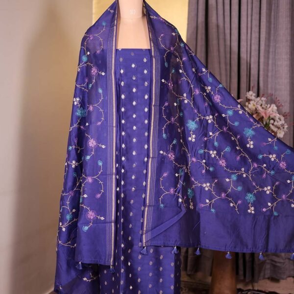 Blue Maheshwari Silk Suit with Banarasi Booties & Embroidered Dupatta