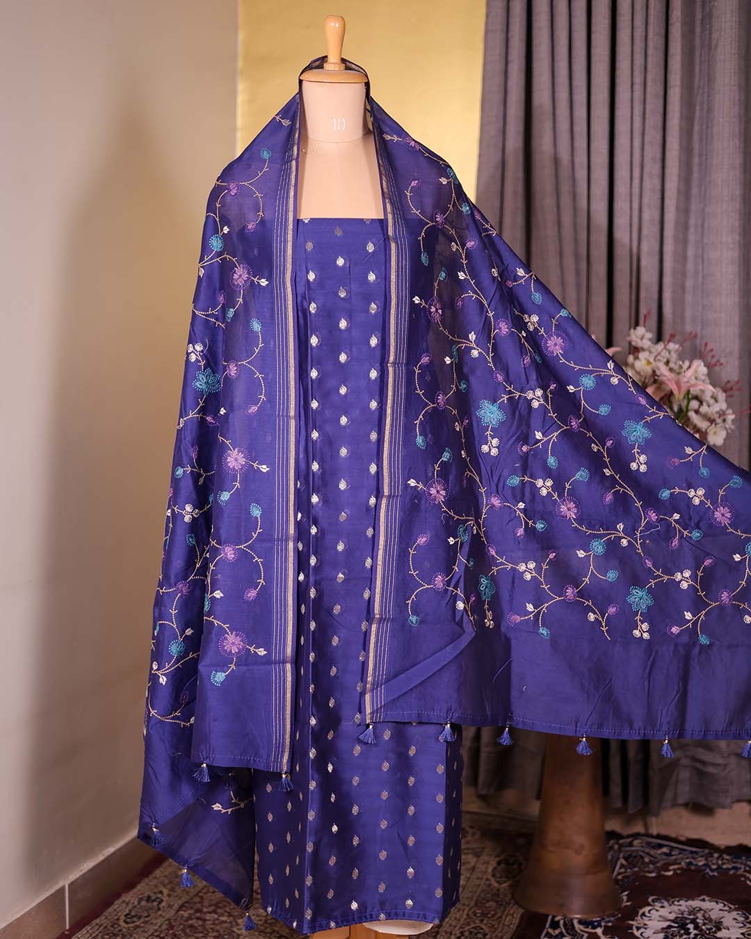 Blue Maheshwari Silk Suit with Banarasi Booties & Embroidered Dupatta