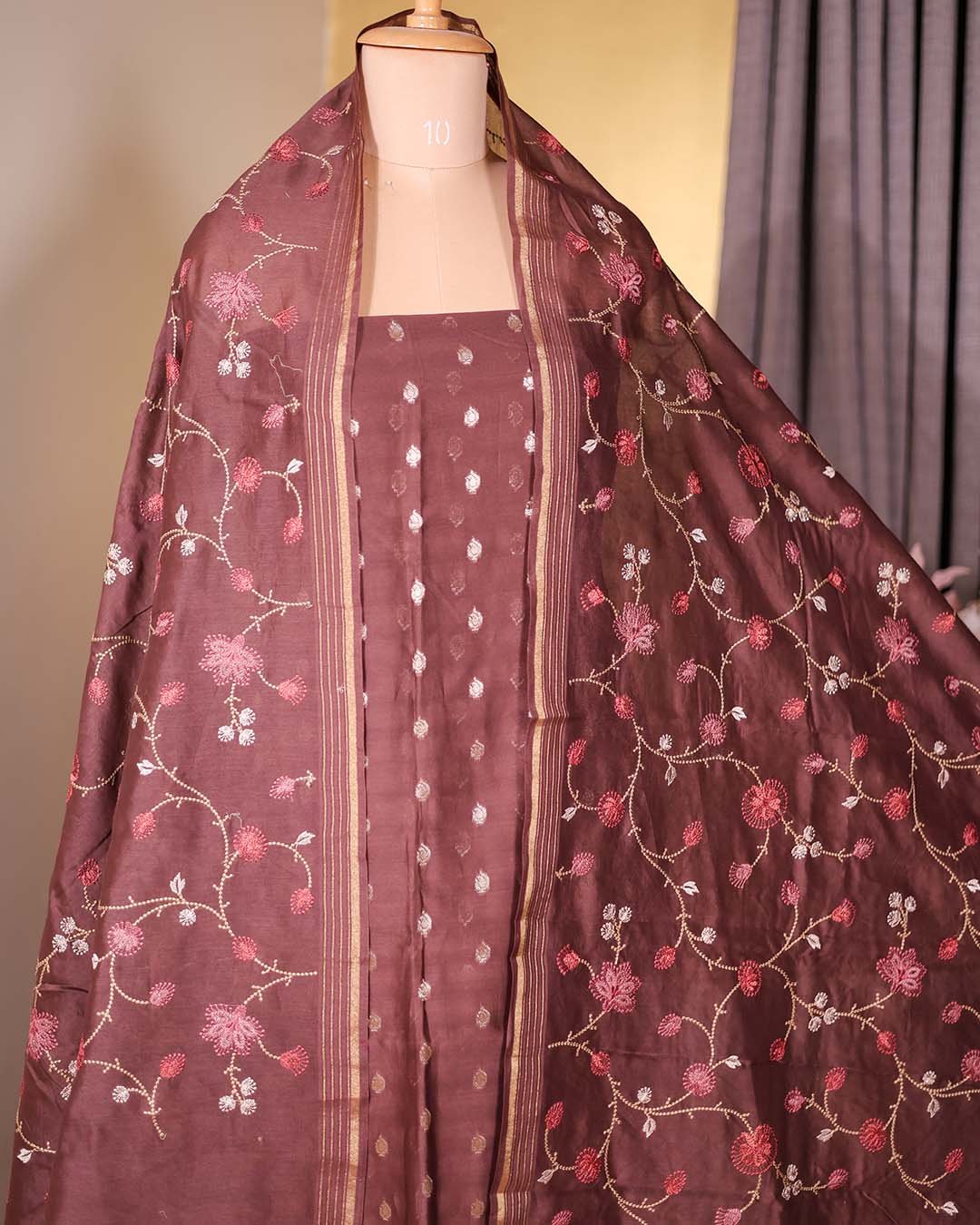Second image of Brown Maheshwari Silk Suit with Banarasi Booties & Embroidered Dupatta