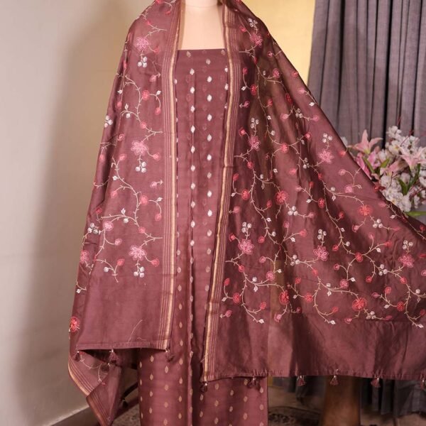 Brown Maheshwari Silk Suit with Banarasi Booties & Embroidered Dupatta