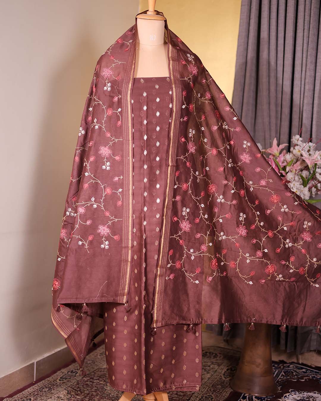Brown Maheshwari Silk Suit with Banarasi Booties & Embroidered Dupatta