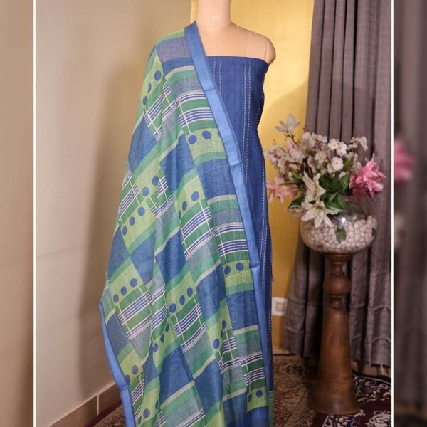 Pure Mal Suit with Kantha Work & Printed Dupatta – Blue