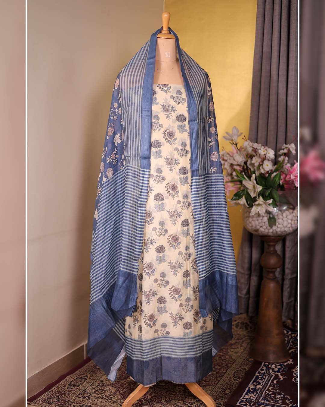 Second image of Pure Mal Printed Suit with Printed Dupatta – Blue