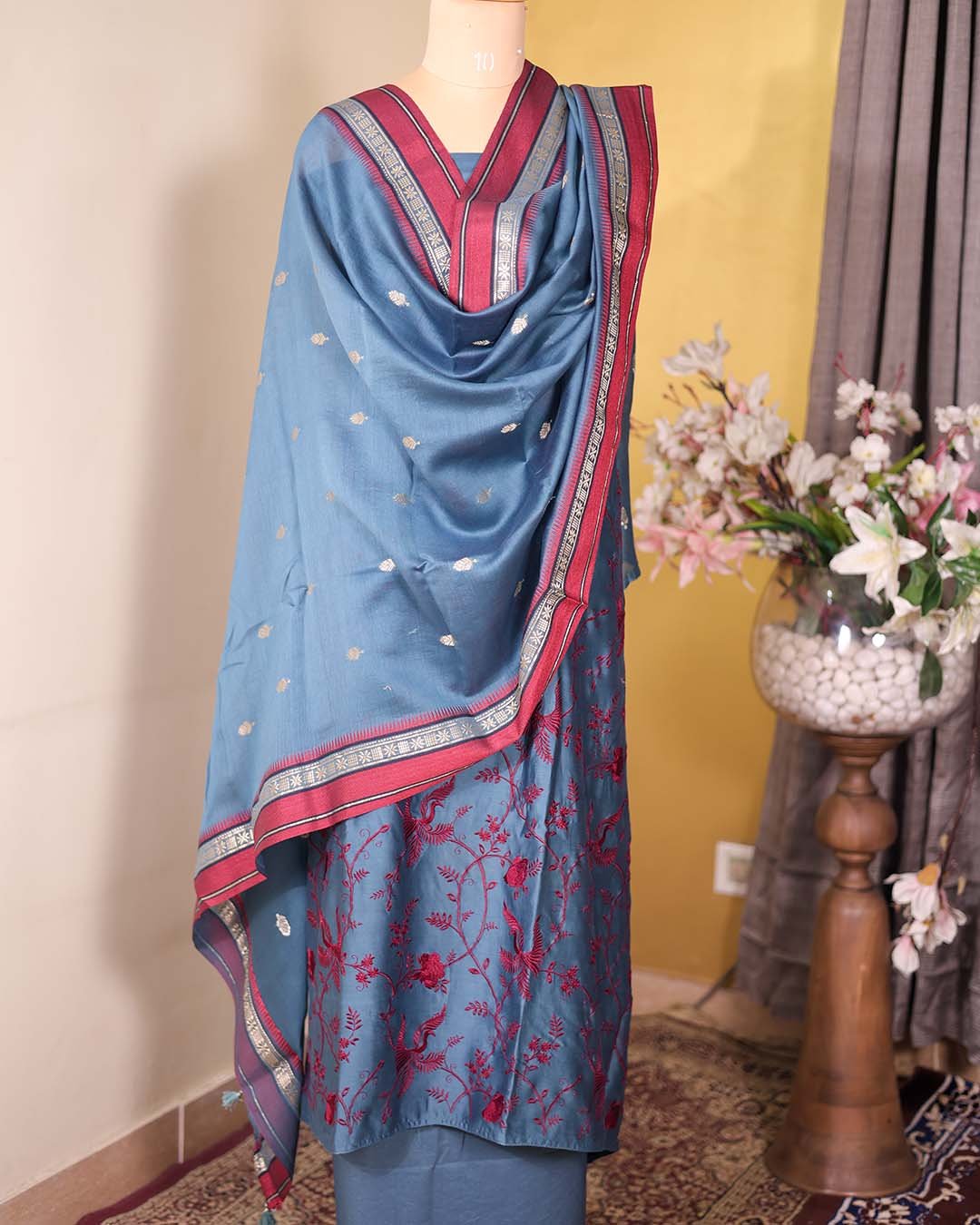 Second image of Blue Maheshwari Silk Suit with Maroon Thread Embroidery & Zari Booties