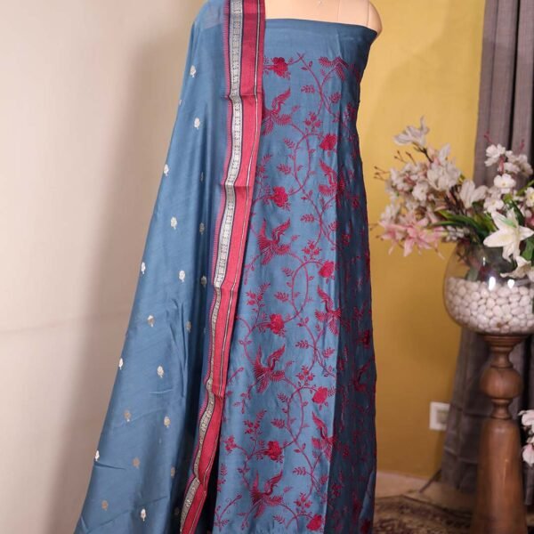Blue Maheshwari Silk Suit with Maroon Thread Embroidery & Zari Booties
