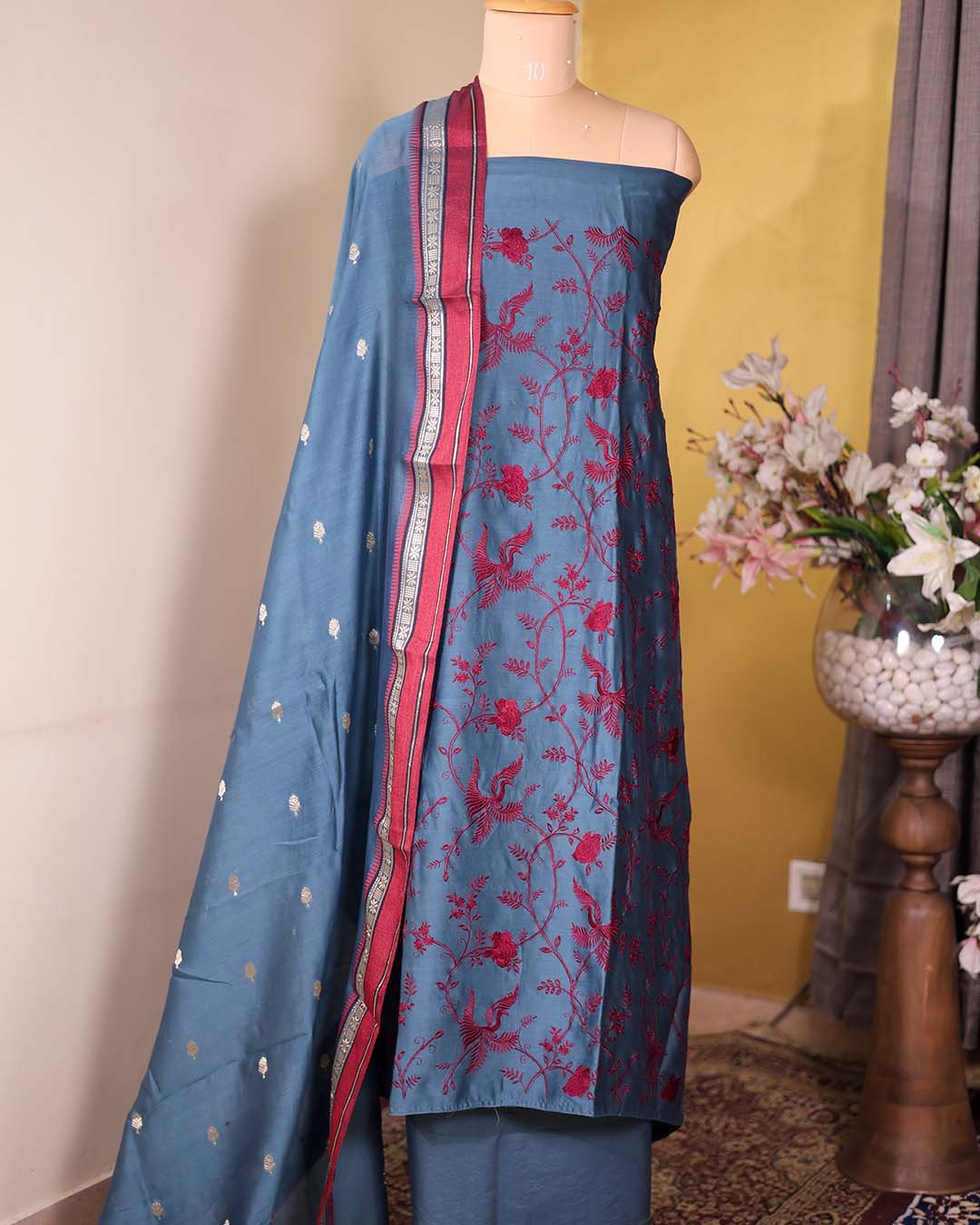 Blue Maheshwari Silk Suit with Maroon Thread Embroidery & Zari Booties