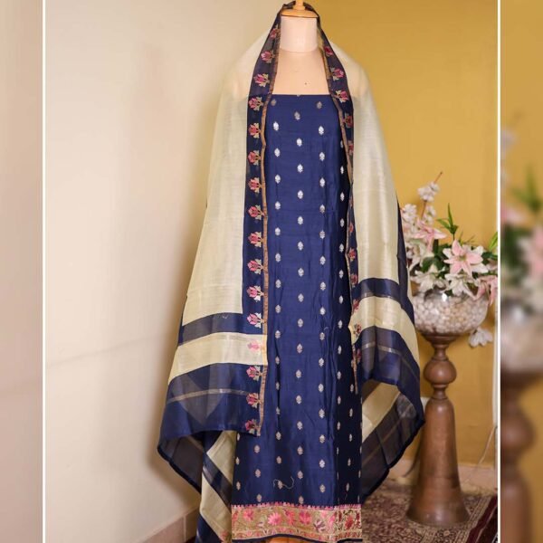 Blue Maheshwari Silk Suit with Banarasi Zari Booties & Embroidered Dupatta