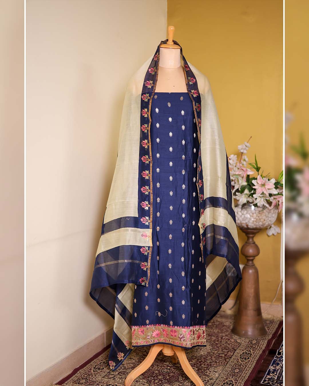 Blue Maheshwari Silk Suit with Banarasi Zari Booties & Embroidered Dupatta