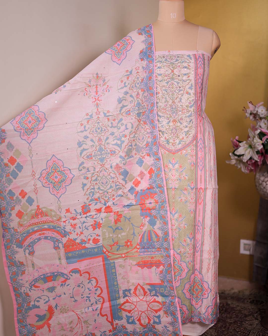 Green Digital Print Suit with Beaded Neckline