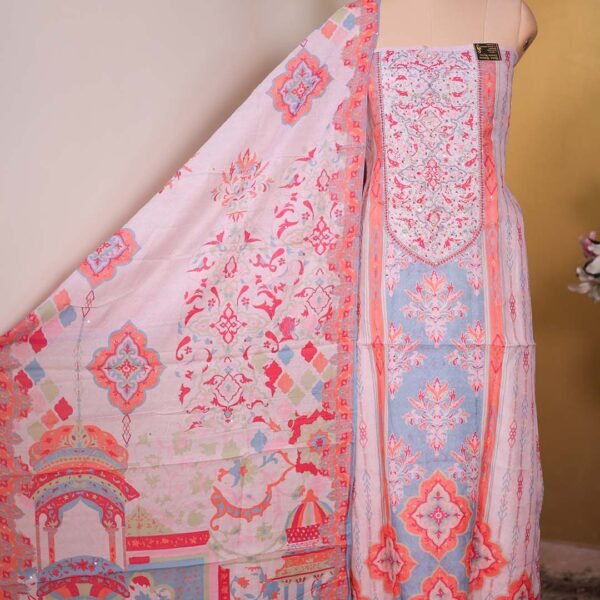 Blue Digital Print Suit with Beaded Neckline