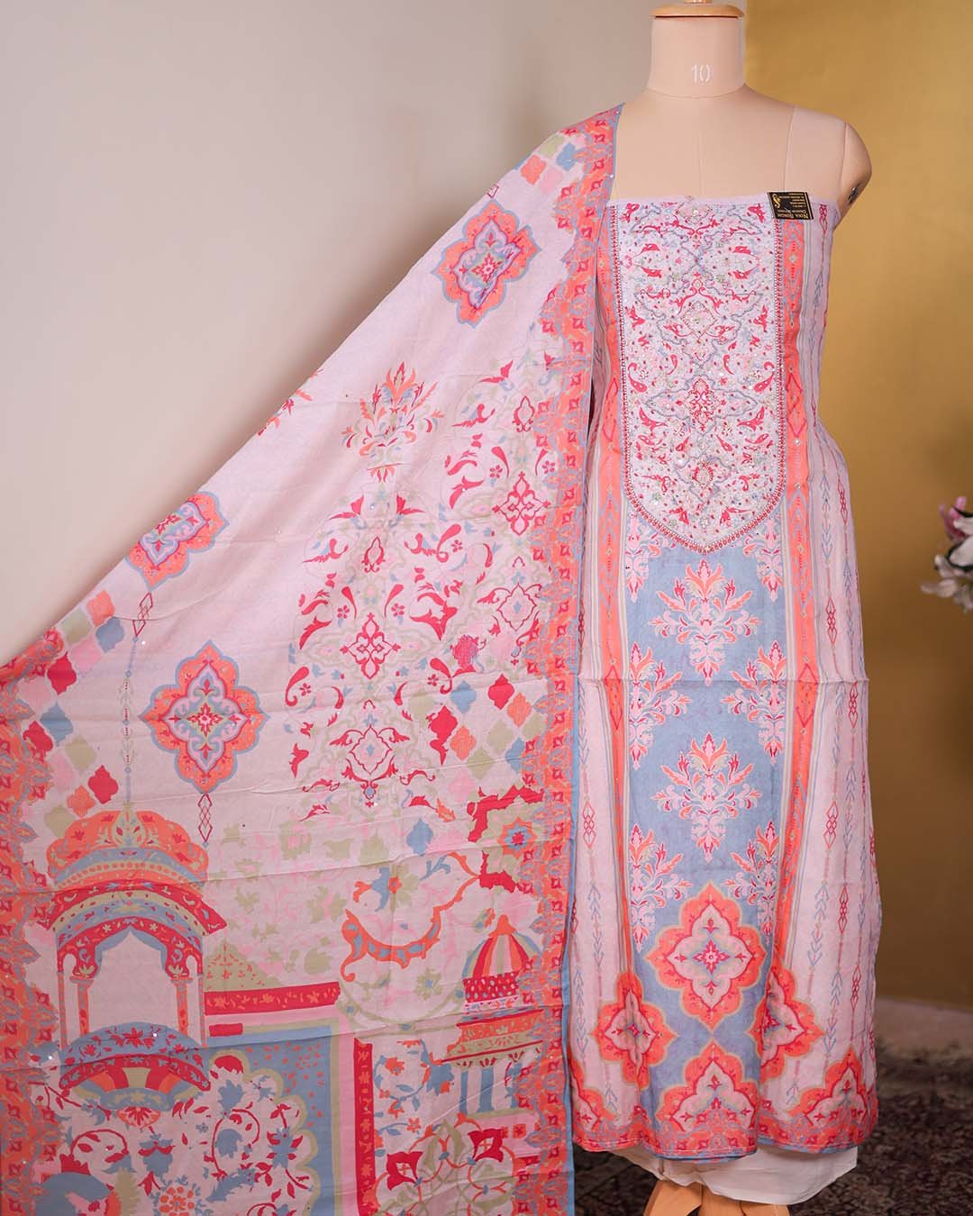 Blue Digital Print Suit with Beaded Neckline