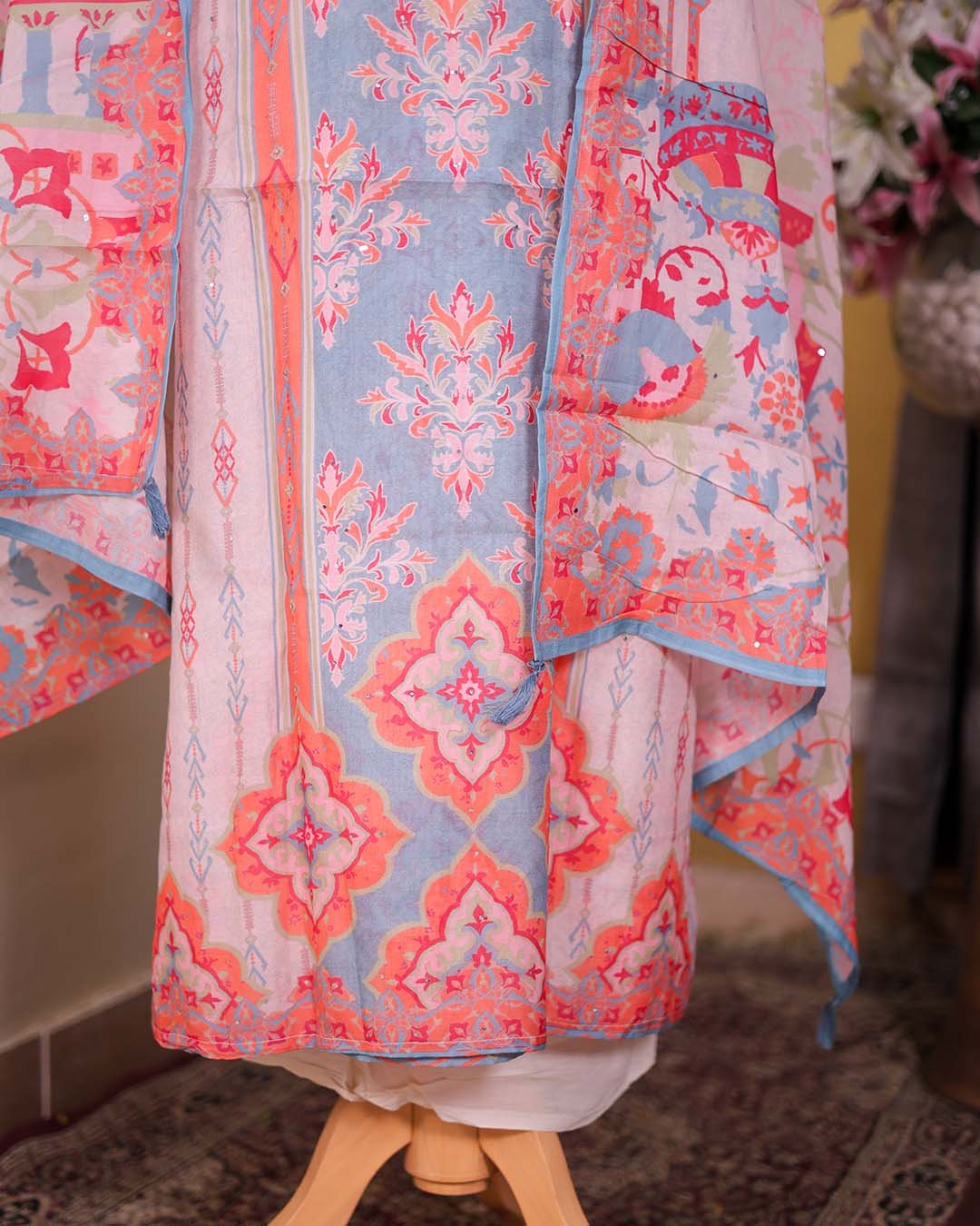 Second image of Blue Digital Print Suit with Beaded Neckline