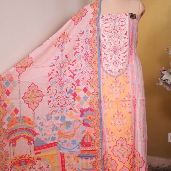 Mango Yellow Digital Print Suit with Beaded Neckline