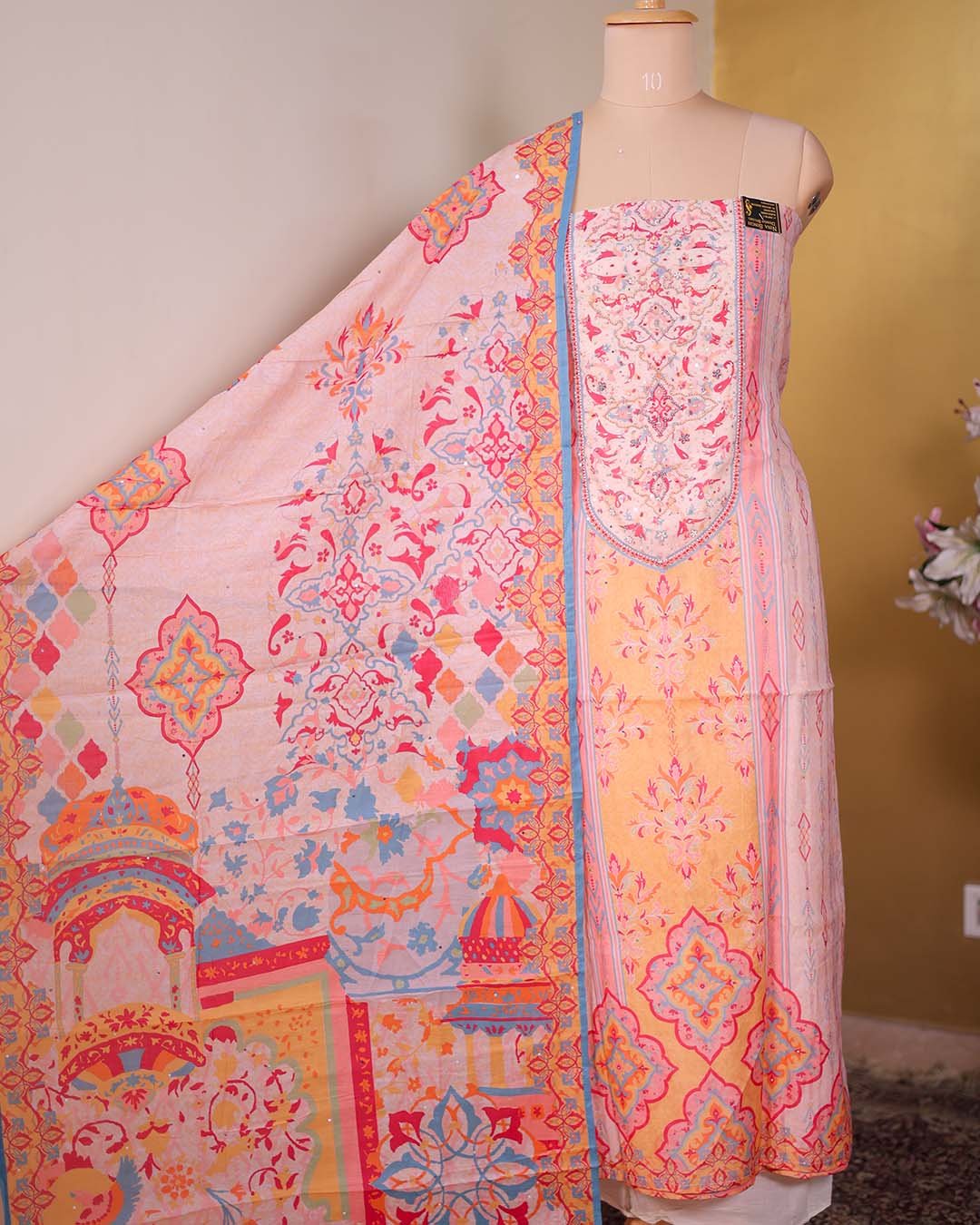 Mango Yellow Digital Print Suit with Beaded Neckline