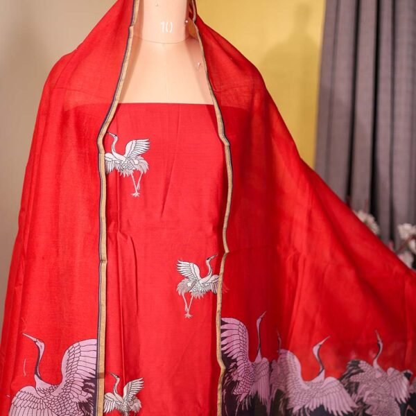 Red Maheshwari Silk Suit with Flamingo Embroidery & Printed Dupatta