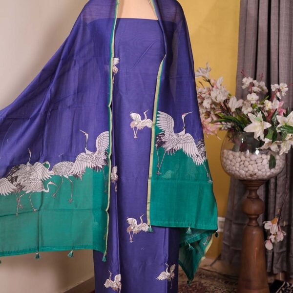 Blue Maheshwari Silk Suit with Flamingo Embroidery & Printed Dupatta