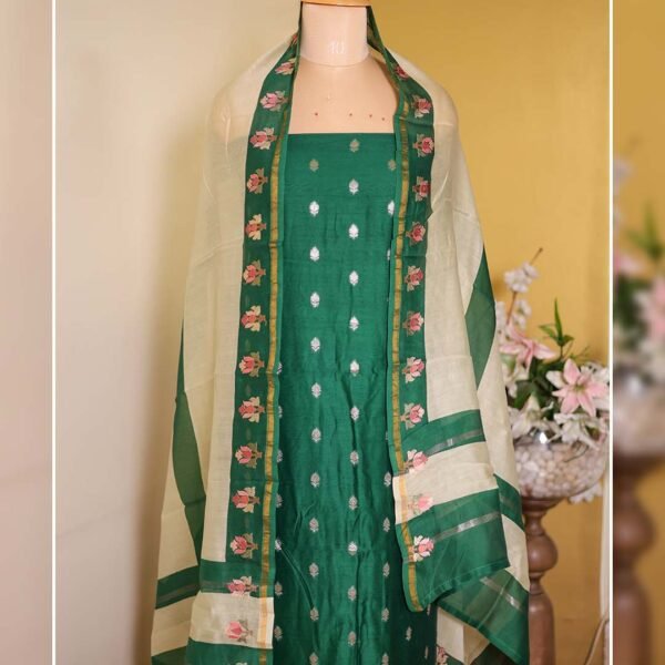 Green Maheshwari Silk Suit with Banarasi Zari Booties & Embroidered Dupatta