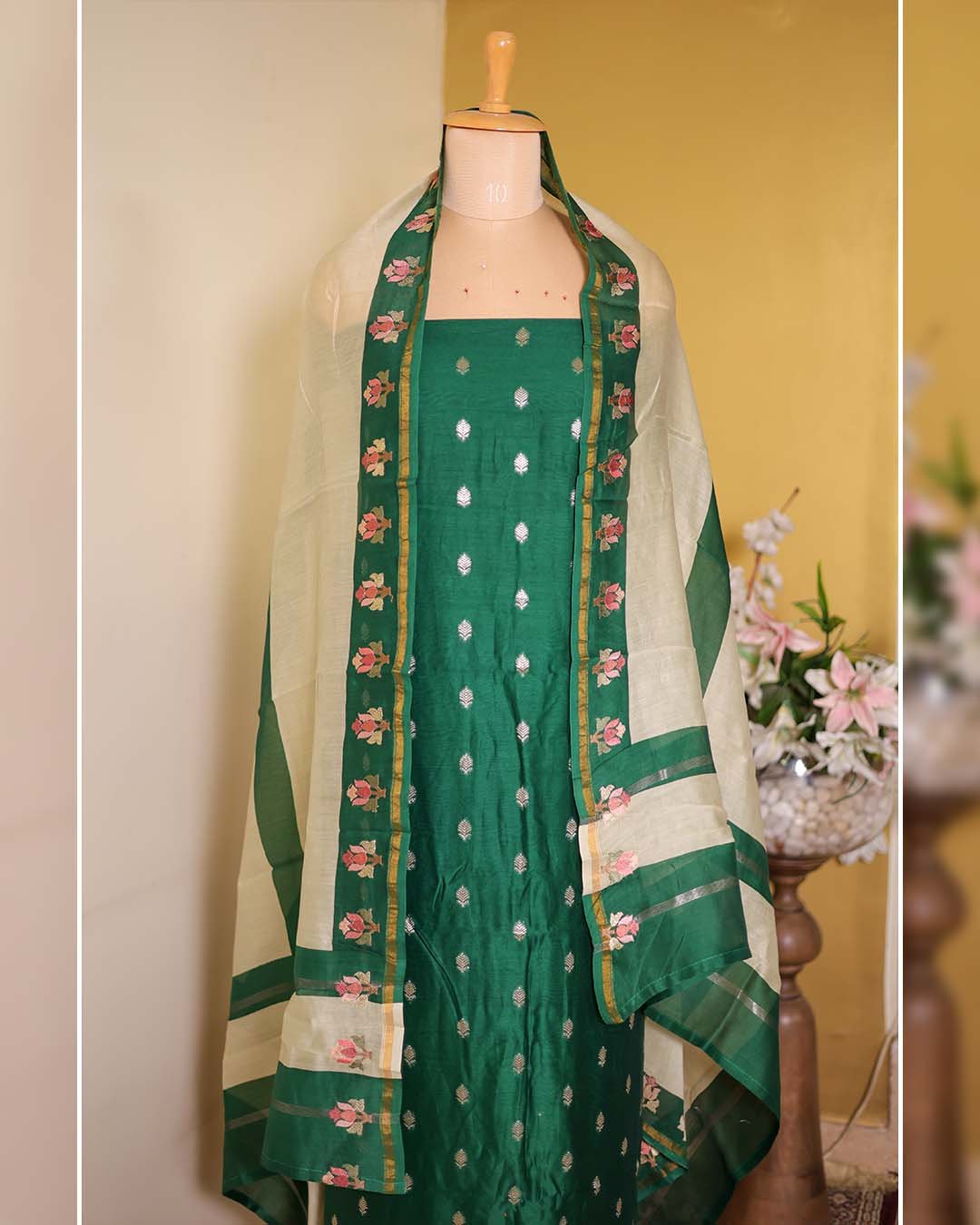 Green Maheshwari Silk Suit with Banarasi Zari Booties & Embroidered Dupatta