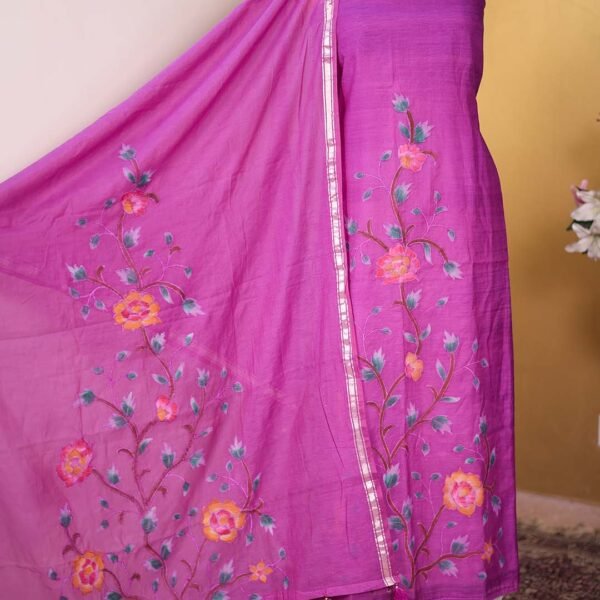 Purple Pure Mal Chanderi Suit with Hand Paint & Appliqué Work