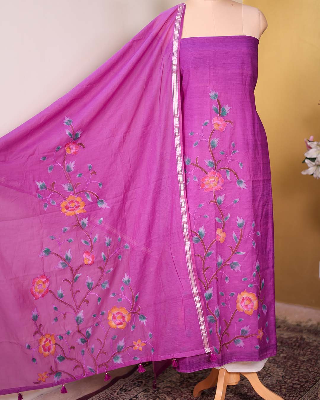 Purple Pure Mal Chanderi Suit with Hand Paint & Appliqué Work