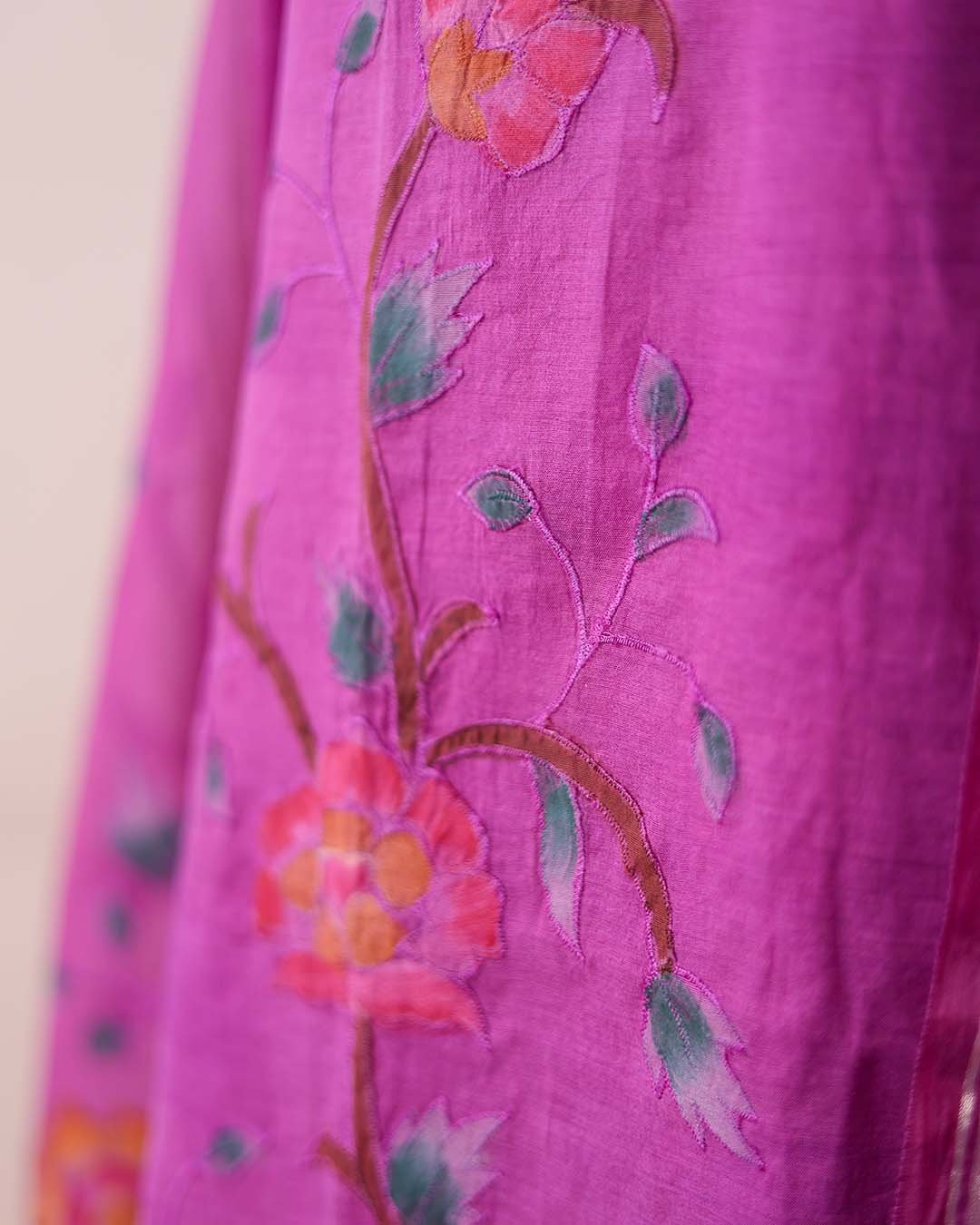 Second image of Purple Pure Mal Chanderi Suit with Hand Paint & Appliqué Work
