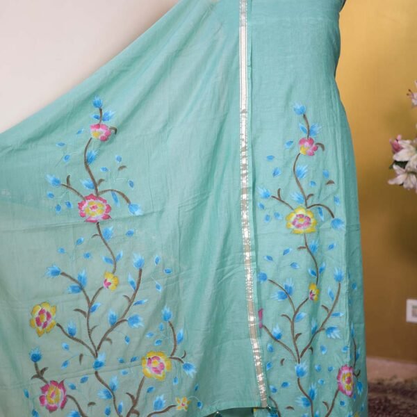 Sea Green Pure Mal Chanderi Suit with Hand Paint & Appliqué Work