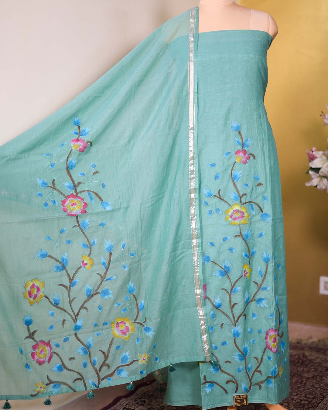Sea Green Pure Mal Chanderi Suit with Hand Paint & Appliqué Work