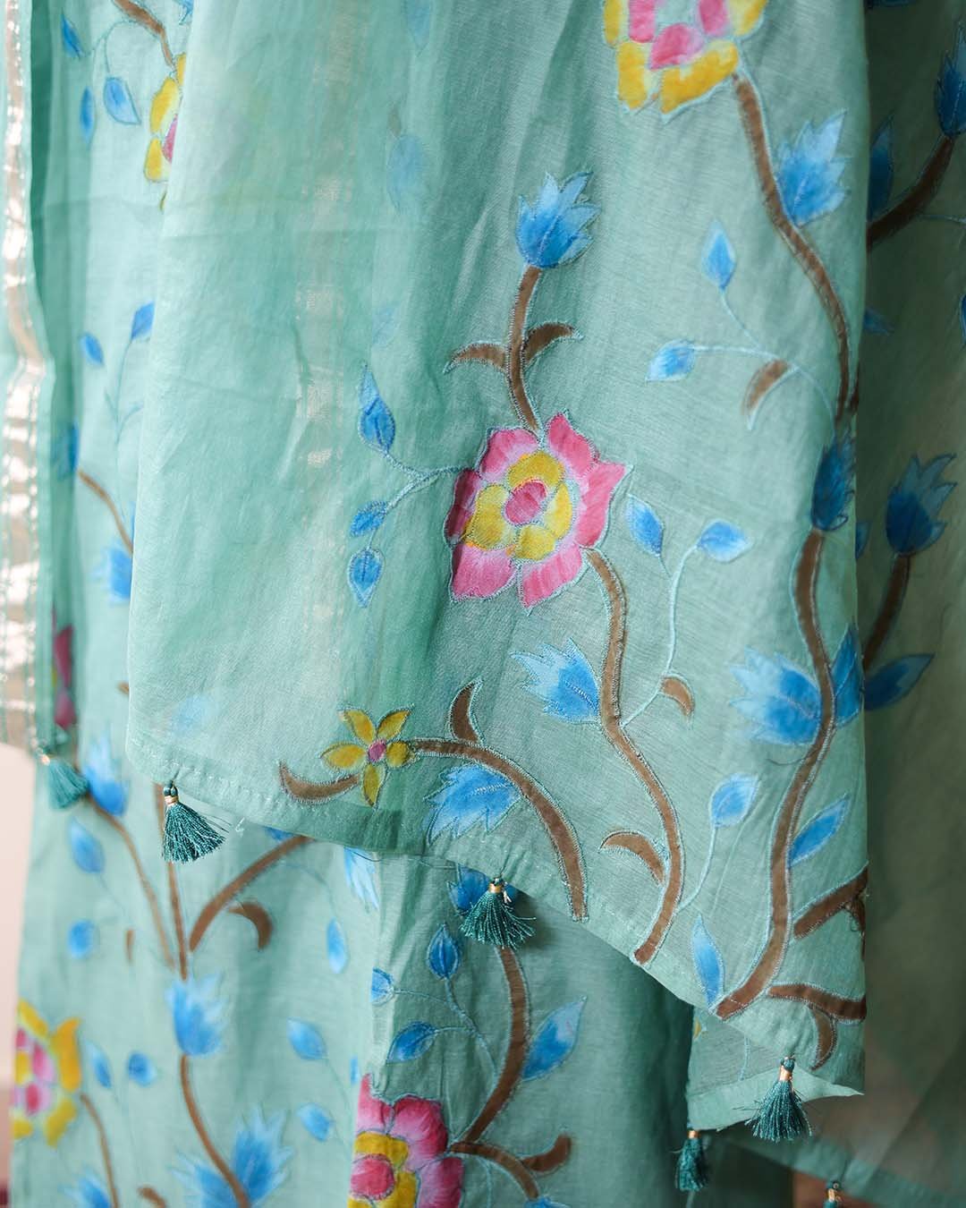 Second image of Sea Green Pure Mal Chanderi Suit with Hand Paint & Appliqué Work