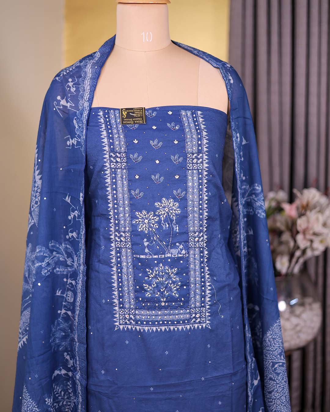 Second image of Blue Cotton Suit with Kalp Vriksh Print & Beaded Neckline
