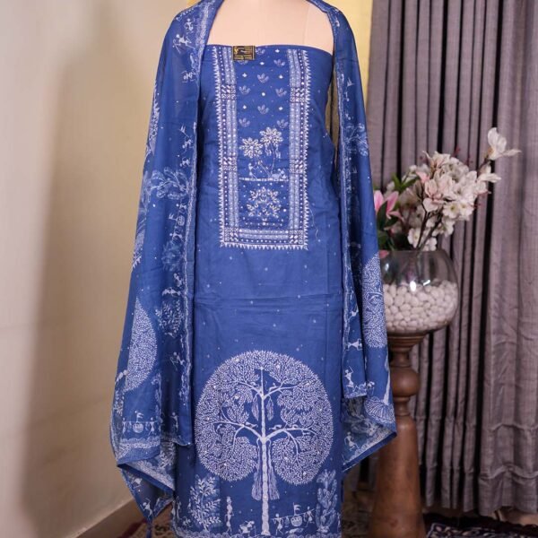 Blue Cotton Suit with Kalp Vriksh Print & Beaded Neckline