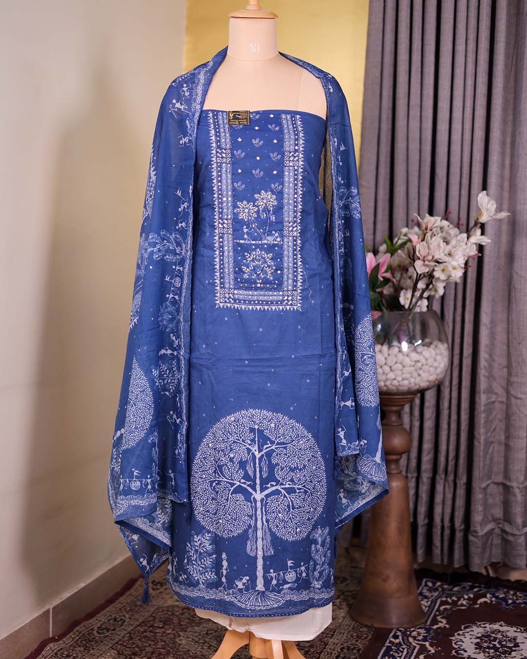 Blue Cotton Suit with Kalp Vriksh Print & Beaded Neckline
