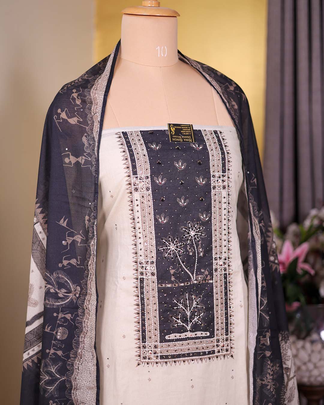 Second image of Ivory Cotton Suit with Kalp Vriksh Print & Beaded Neckline