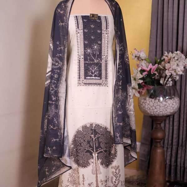 Ivory Cotton Suit with Kalp Vriksh Print & Beaded Neckline