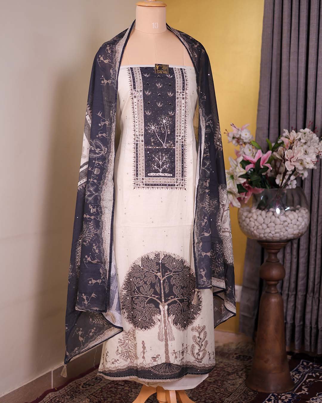 Ivory Cotton Suit with Kalp Vriksh Print & Beaded Neckline