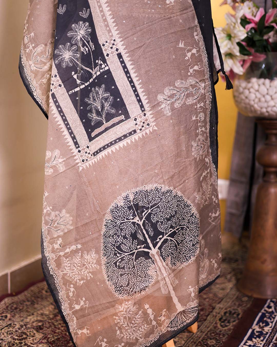 Second image of Black Cotton Suit with Kalp Vriksh Print & Beaded Neckline