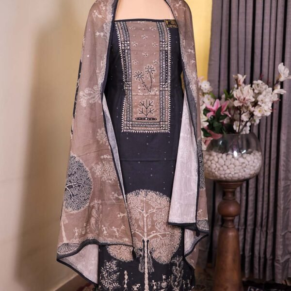 Black Cotton Suit with Kalp Vriksh Print & Beaded Neckline