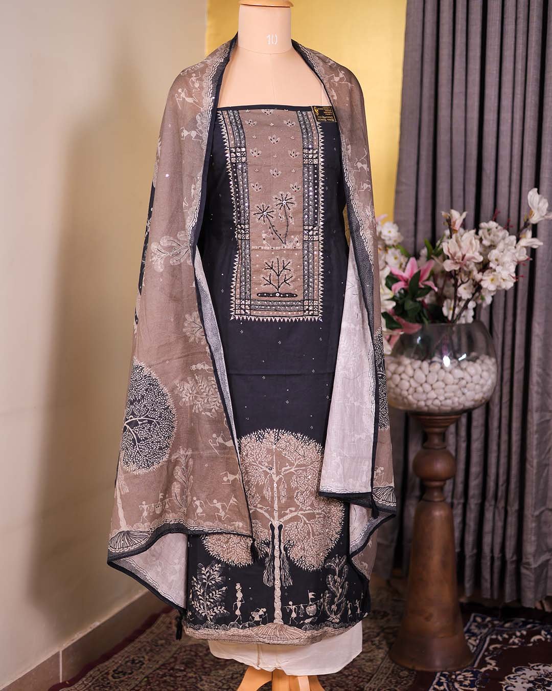 Black Cotton Suit with Kalp Vriksh Print & Beaded Neckline