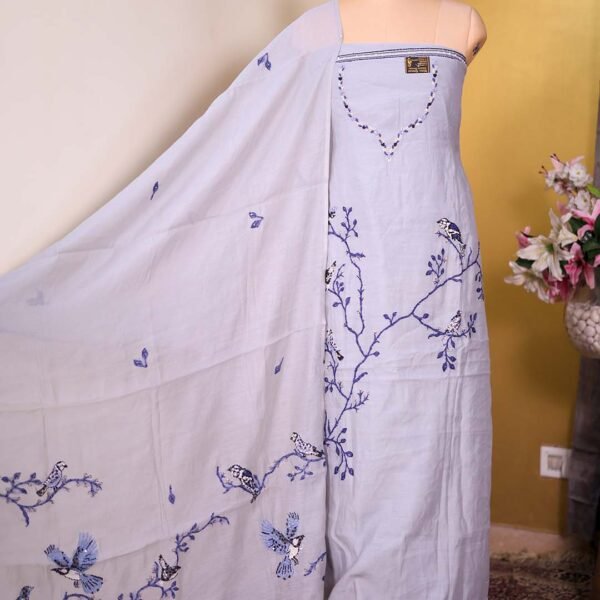 Ice Blue Pure Mal Suit with Kantha Embroidery