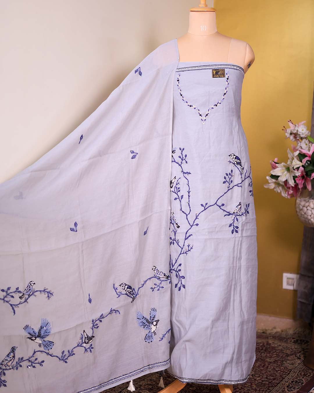 Ice Blue Pure Mal Suit with Kantha Embroidery