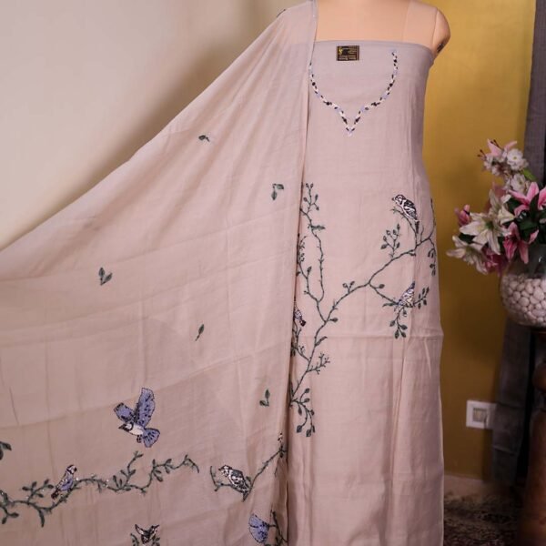 Beige Pure Mal Suit with Kantha Embroidery