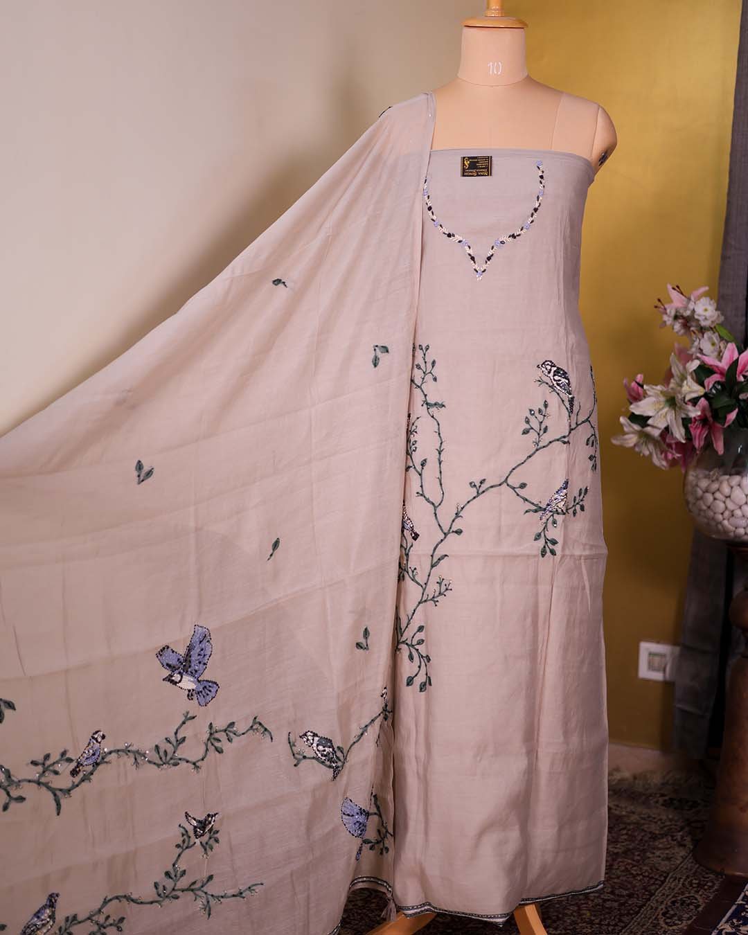 Beige Pure Mal Suit with Kantha Embroidery