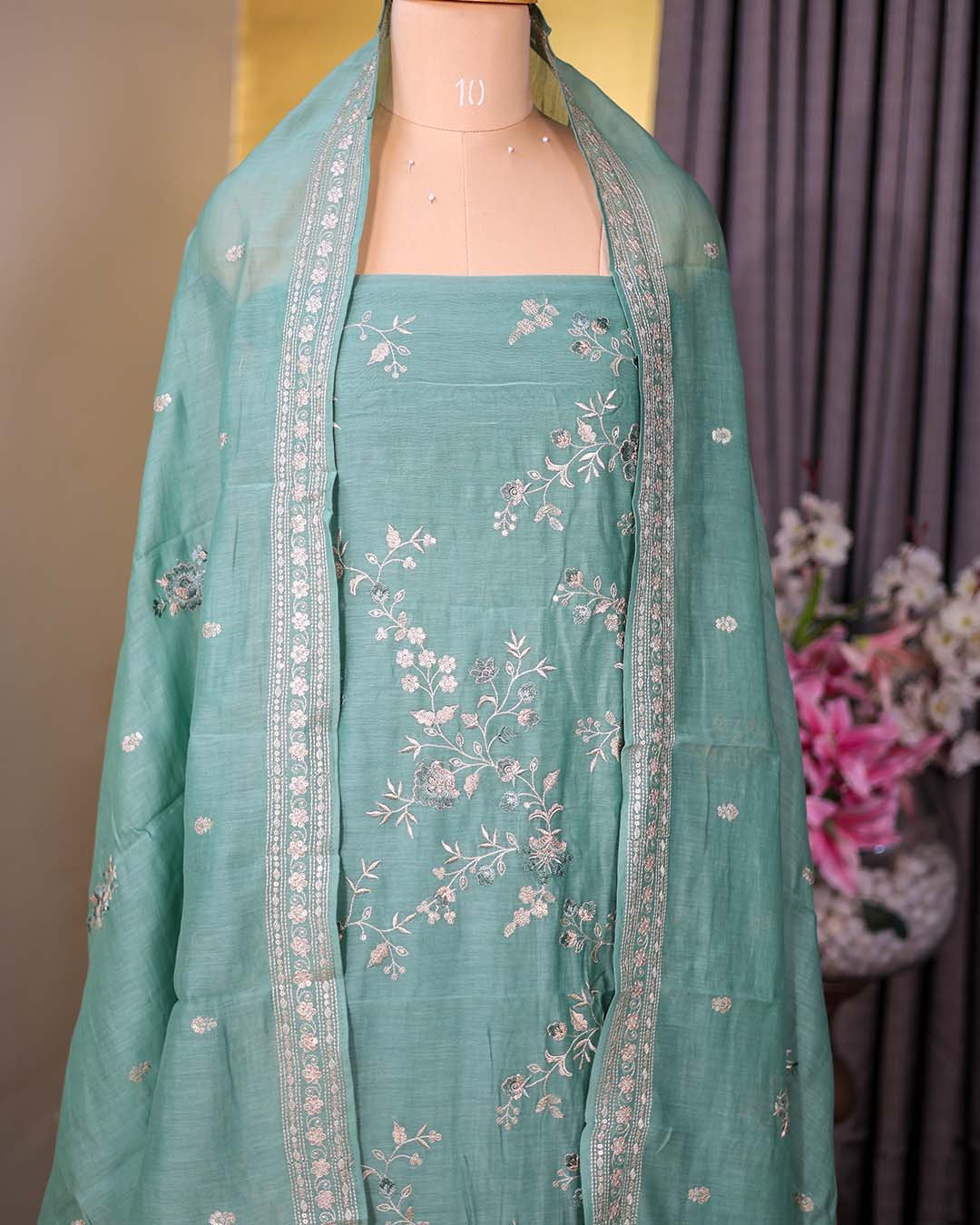 Second image of Green Pure Mal Suit with Thread, Sequin & Zari Embroidery